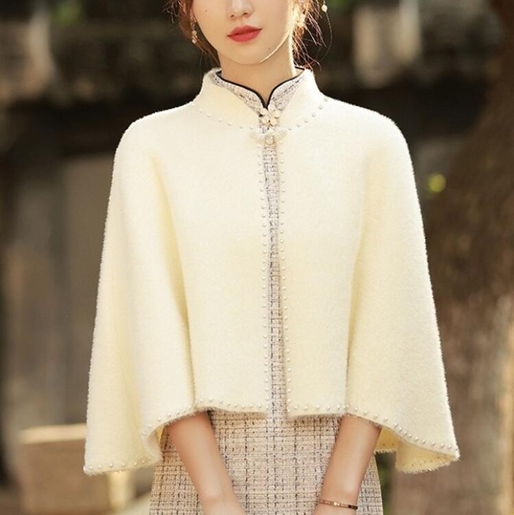 白色珍珠貂絨旗袍披肩開衫