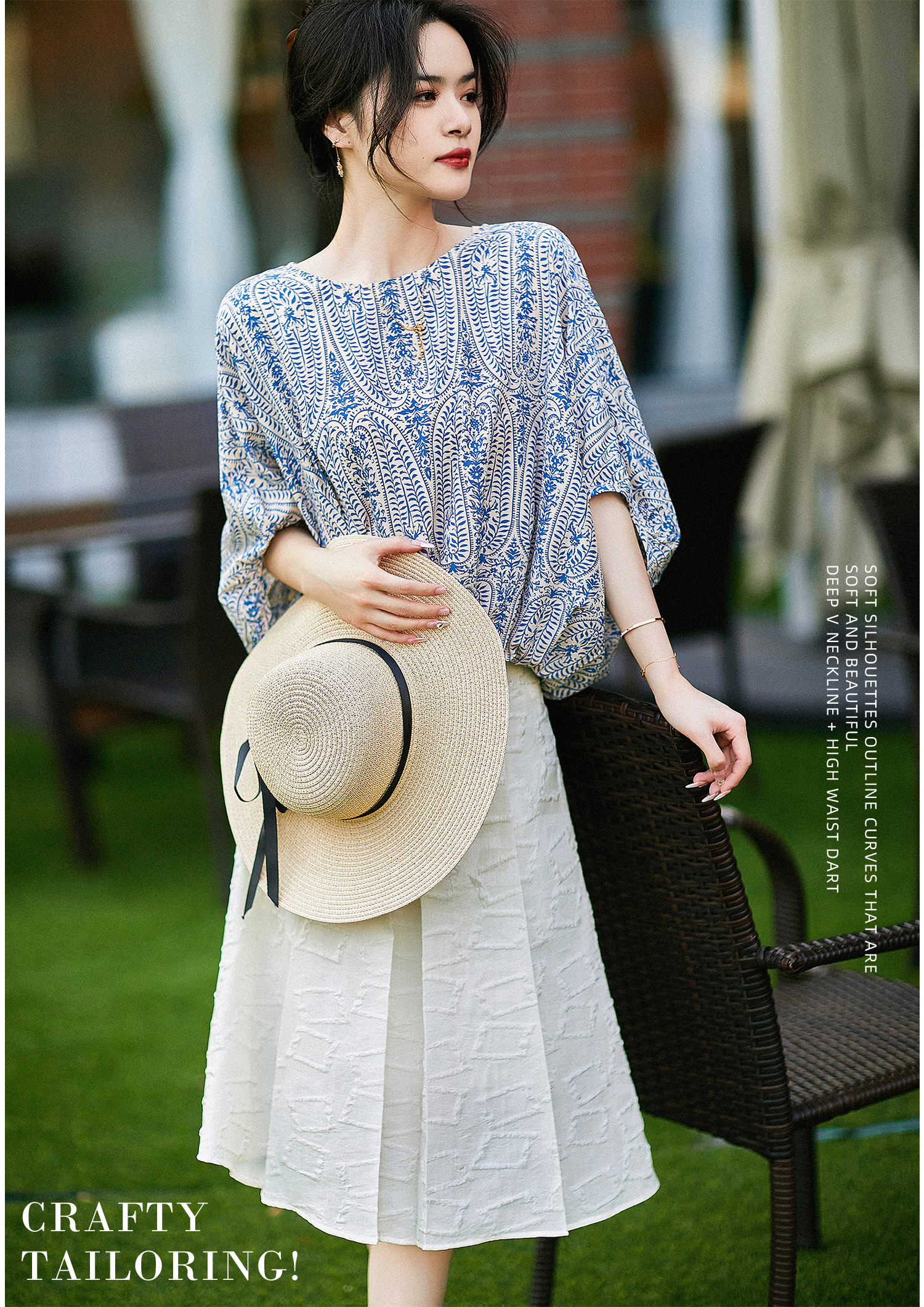 夏季清爽桑蠶絲蝙蝠袖蝴蝶結襯衫