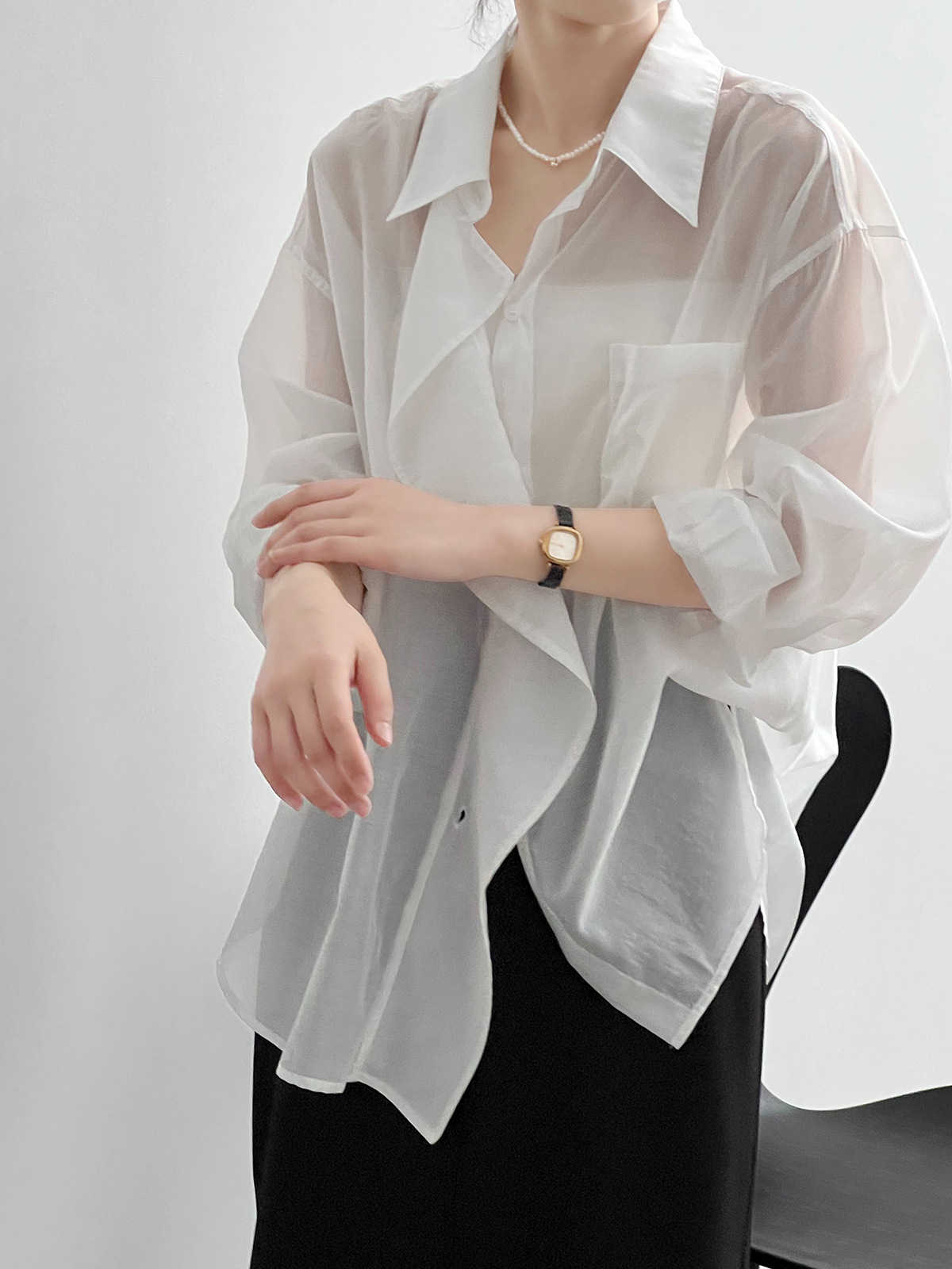 輕薄天絲木耳邊襯衫防曬顯瘦寬鬆襯衣