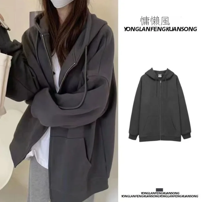 爆款韓系慵懶風休閒拉鍊連帽衛衣外套