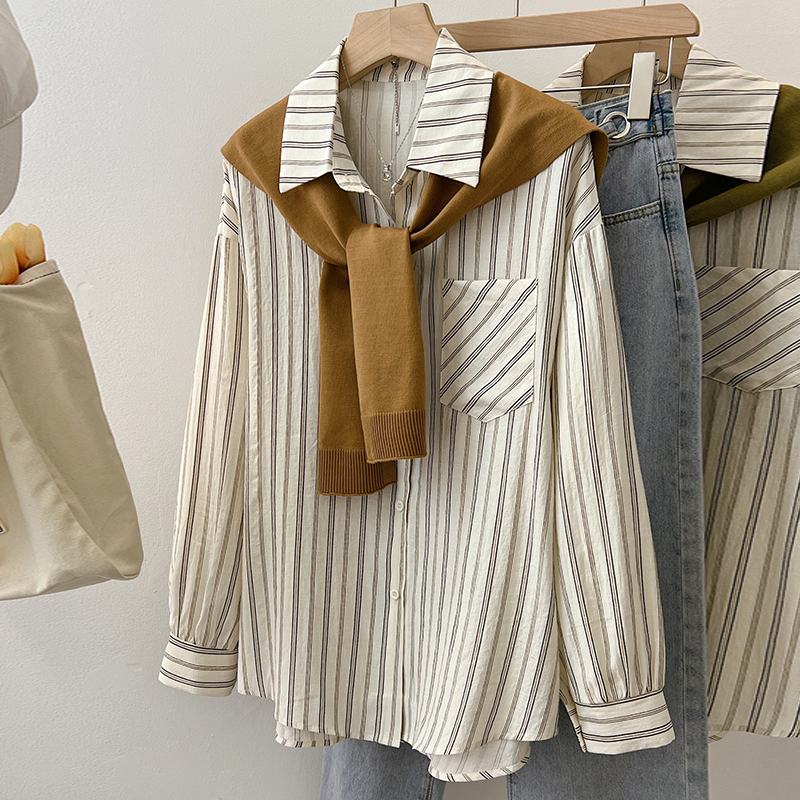 假兩件韓版簡約寬鬆長袖條紋襯衫