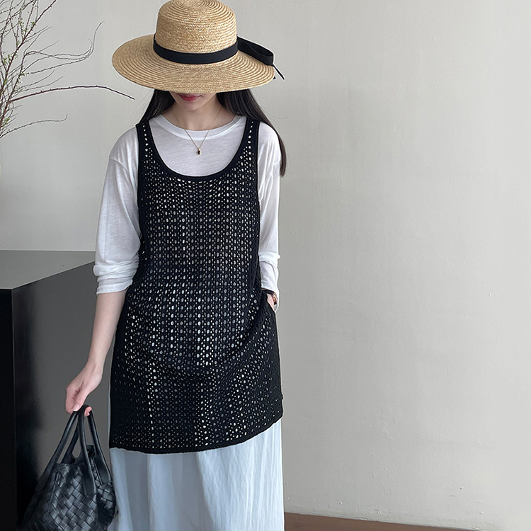 韓系U領鏤空背心式洋裝女疊穿側開叉針織罩衫