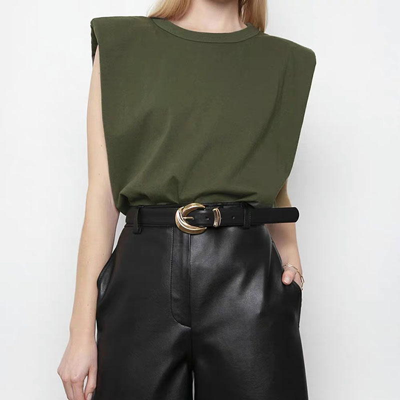 法式薄款墊肩無袖棉質T恤衫寬鬆休閒ins上衣