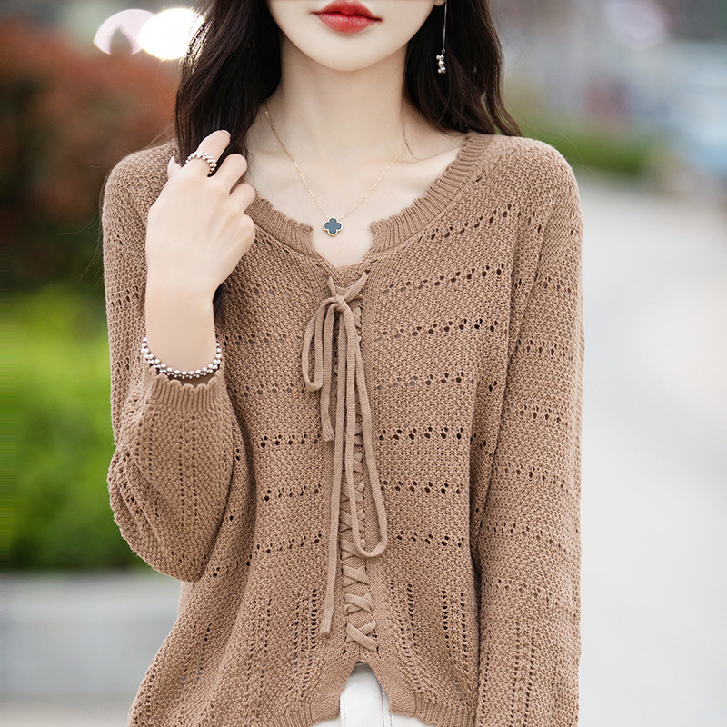 設計感鏤空針織寬鬆顯瘦薄款繫帶罩衫