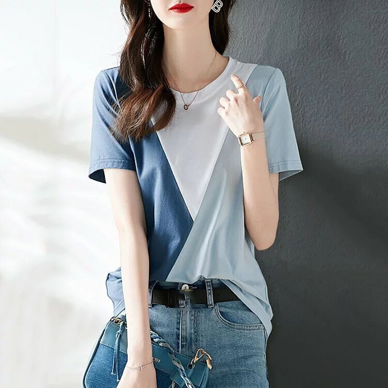 時尚百搭拼接顯瘦短袖T恤