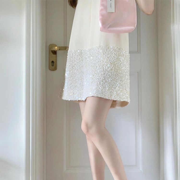 小香風氣質優雅手工蝴蝶結亮片無袖連身裙