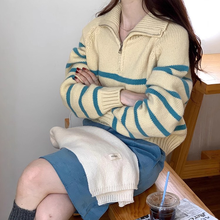 春季新品半拉鍊翻領毛衣