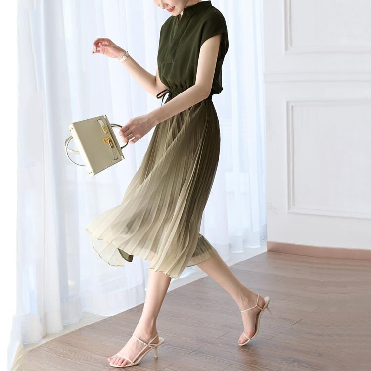 漸變色百褶飄逸蕾絲連衣裙