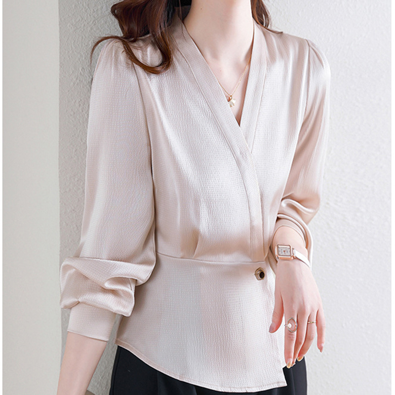 時尚氣質銜接式V領襯衫長袖通勤不規則別緻上衣