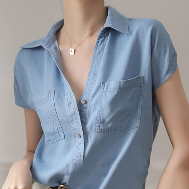 設計感小眾復古氣質上衣天絲牛仔襯衫短袖