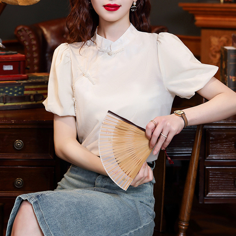 國風新中式立領盤扣洋氣泡泡袖襯衫短袖