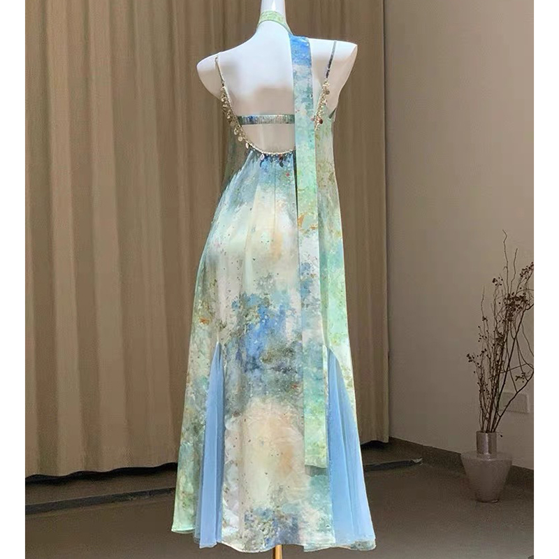 甜美度假風暈染貝殼寬鬆吊帶連身裙