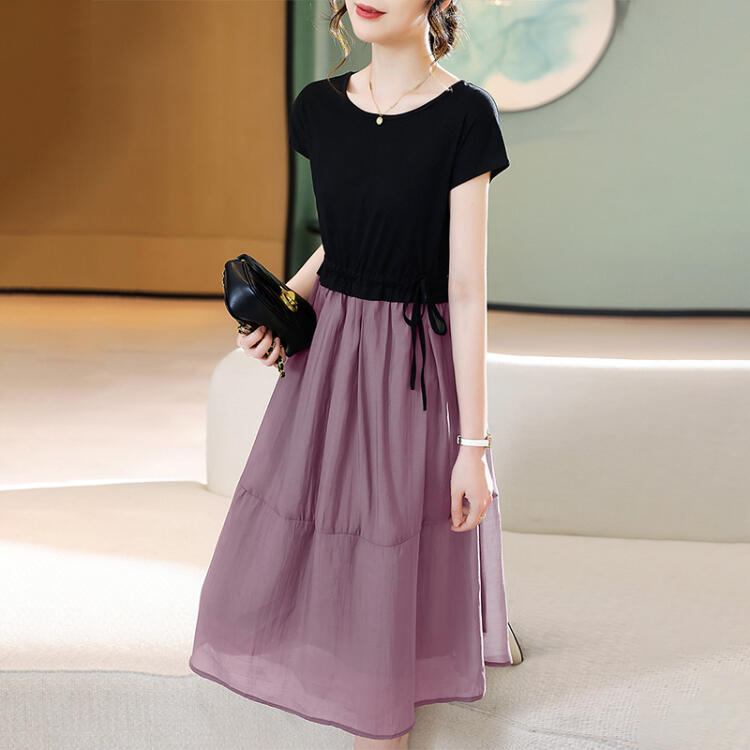 夏季拼接撞色假兩件連衣裙