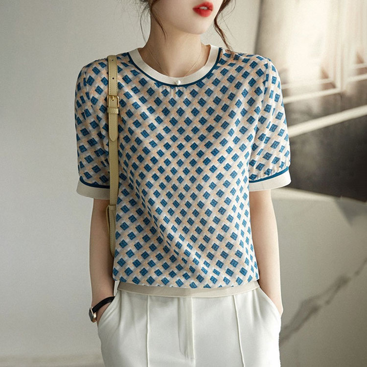 清新復古菱形格紋仿真絲T恤