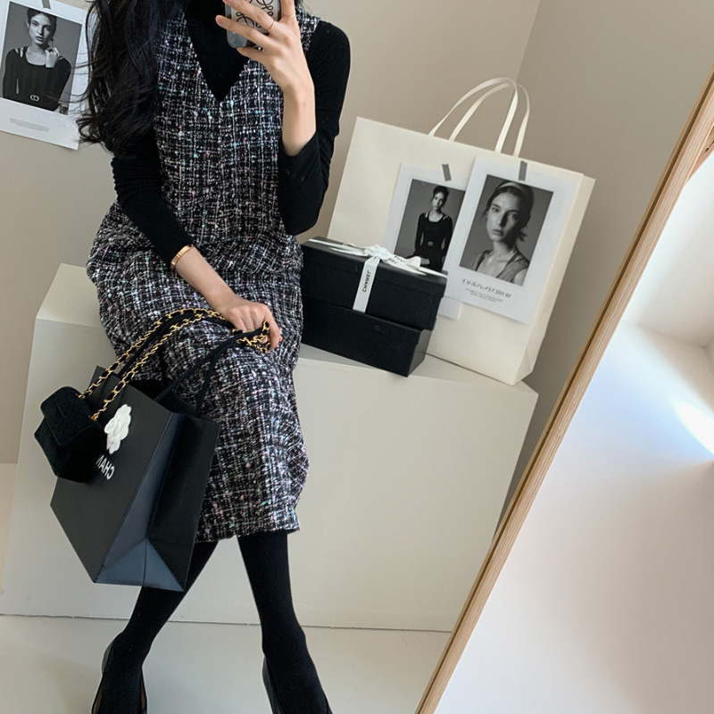 日韓係小香風粗花呢無袖背心連衣裙