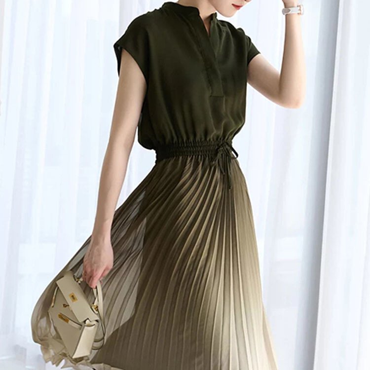 漸變色百褶飄逸蕾絲連衣裙