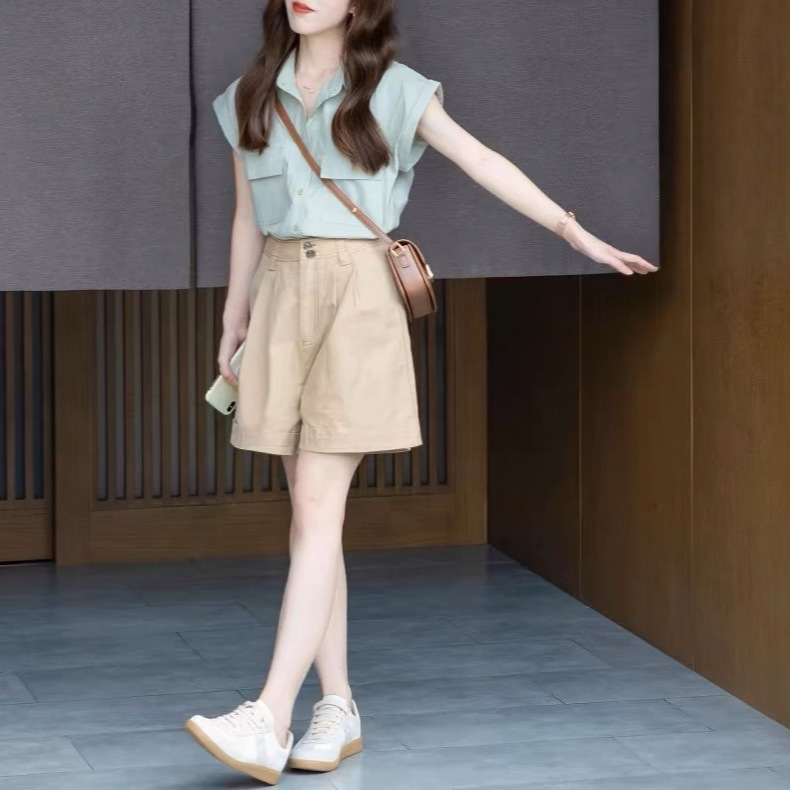 夏季新款小個子韓系多巴胺時尚顯瘦襯衫上衣+氣質休閒短褲套裝