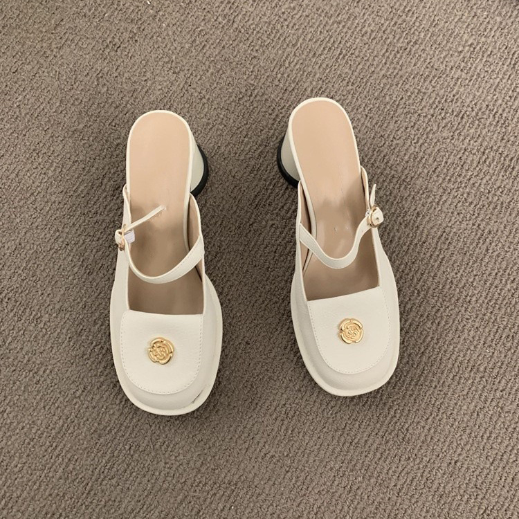 春夏季粗跟法式復古瑪莉珍包頭拖鞋