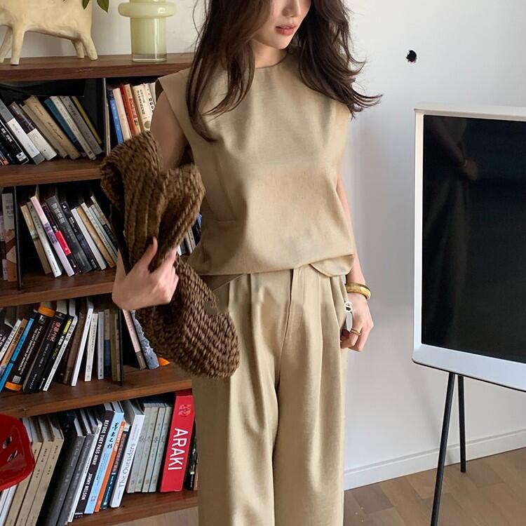 夏無袖墊肩T恤/簡約長褲（規格可選）