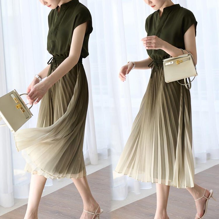 漸變色百褶飄逸蕾絲連衣裙