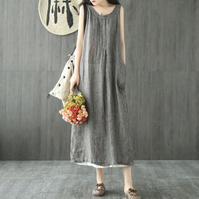 文藝復古條紋寬鬆無袖休閒棉麻連身裙