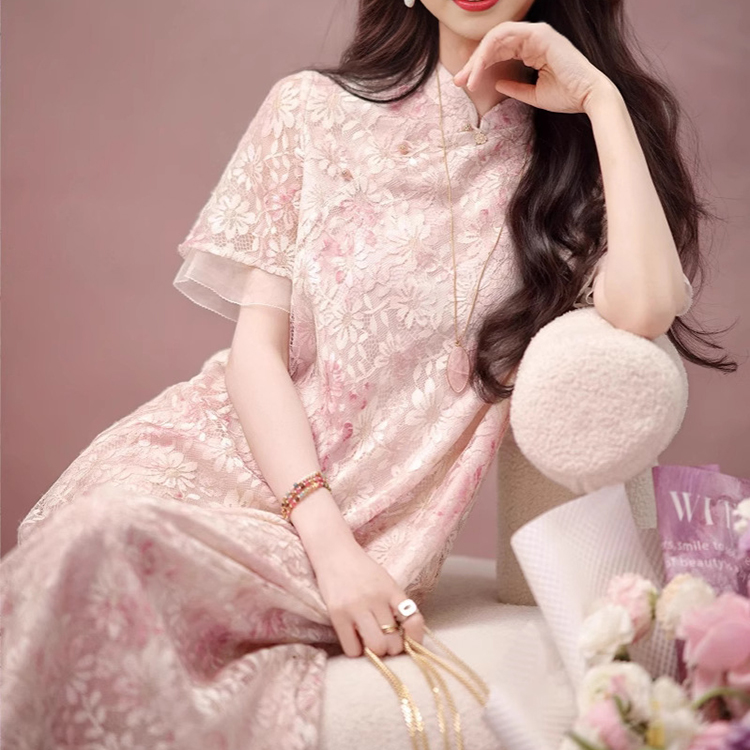 國風改良旗袍彩繡蕾絲氣質顯瘦連身裙