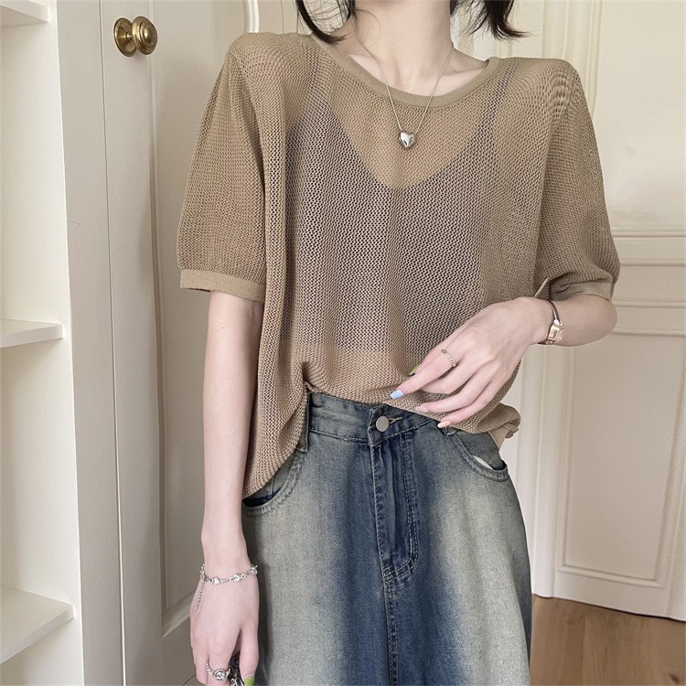 條紋露背鏤空冰絲針織短袖T卹