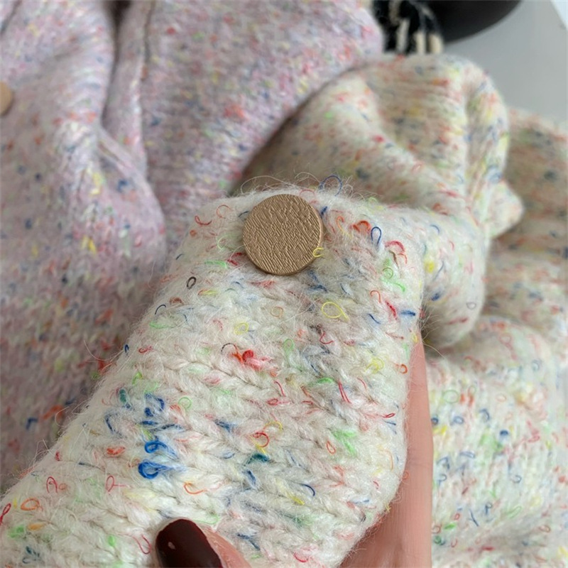 韓系混色紗線針織衫燈籠袖毛衣開襟衫