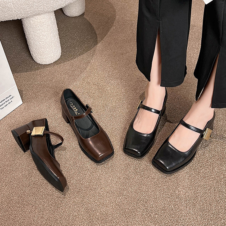 秋季新款方頭粗跟百搭單鞋