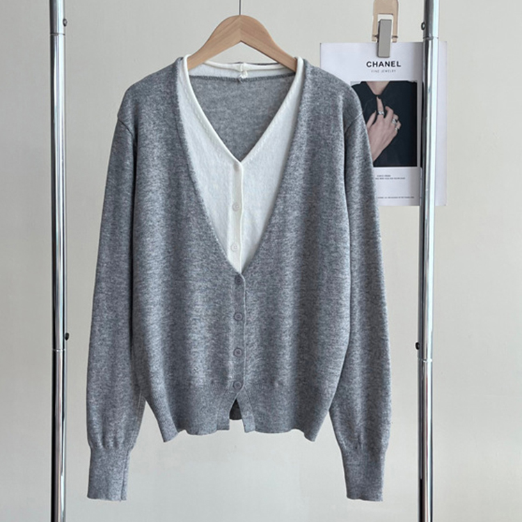 春秋簡約氣質V領假兩件針織開襟衫