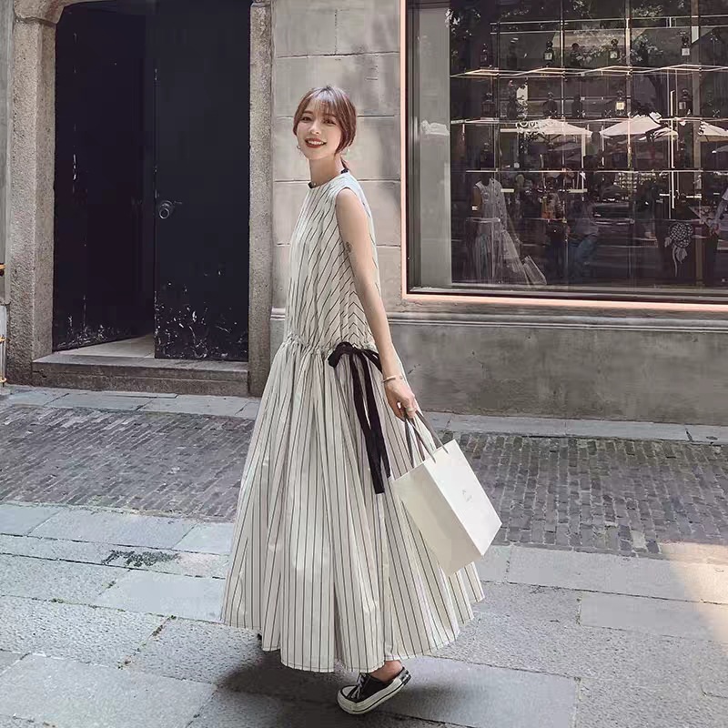 赫本風法式顯瘦繫帶長款連身裙