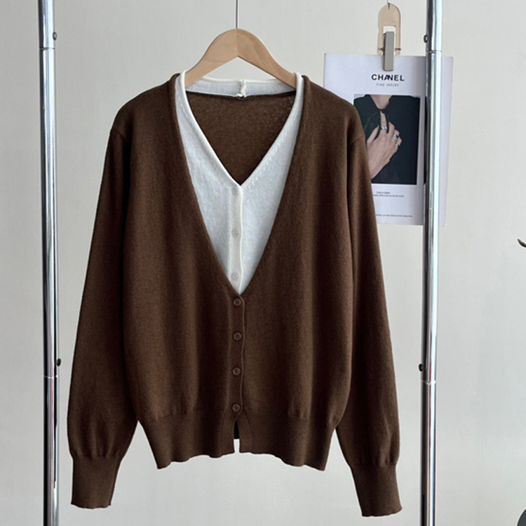 春秋簡約氣質V領假兩件針織開襟衫