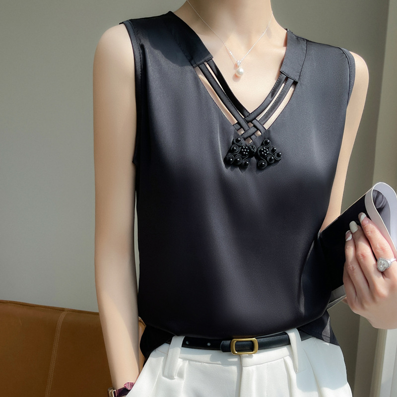 法式醋酸v領打底內搭吊帶背心