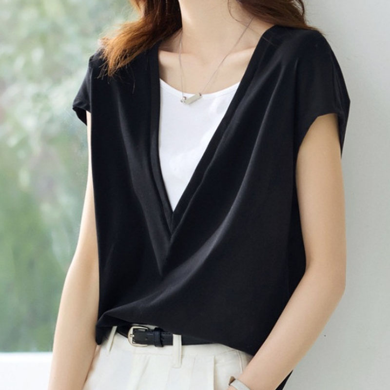 休閒簡約時尚感撞色假兩件短袖T卹