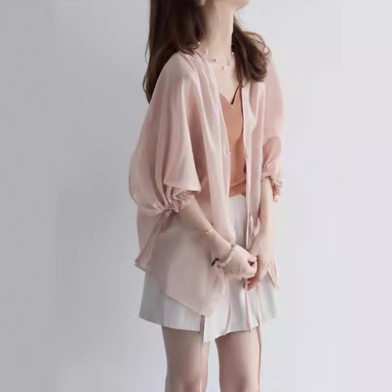 天絲輕薄繫帶開襟衫防曬外套百搭雪紡燈籠袖襯衣