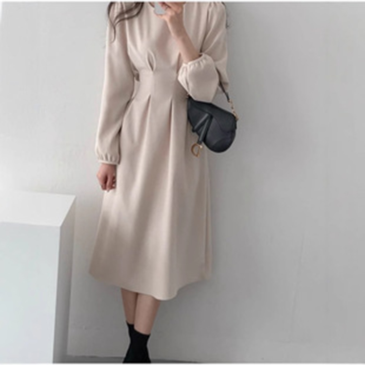 韓國早春優雅氣質圓領收腰顯瘦中長連身裙