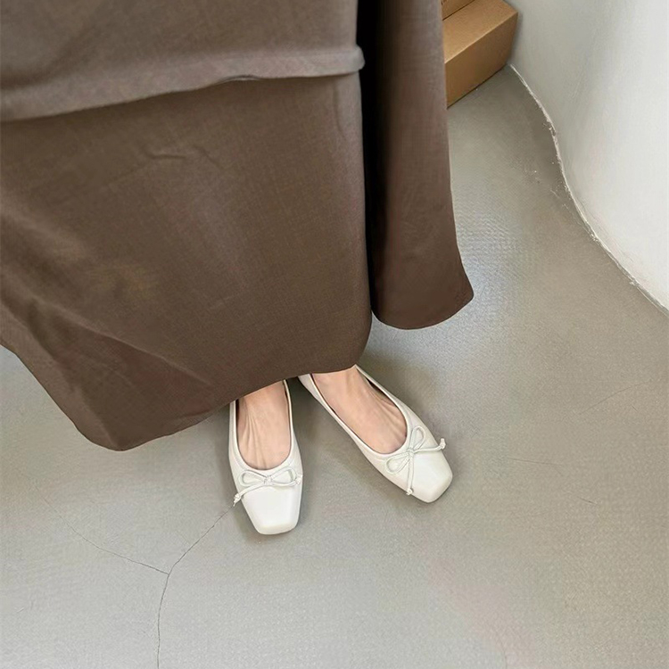 法式氣質方頭名媛蝴蝶結淺口平底百搭單鞋