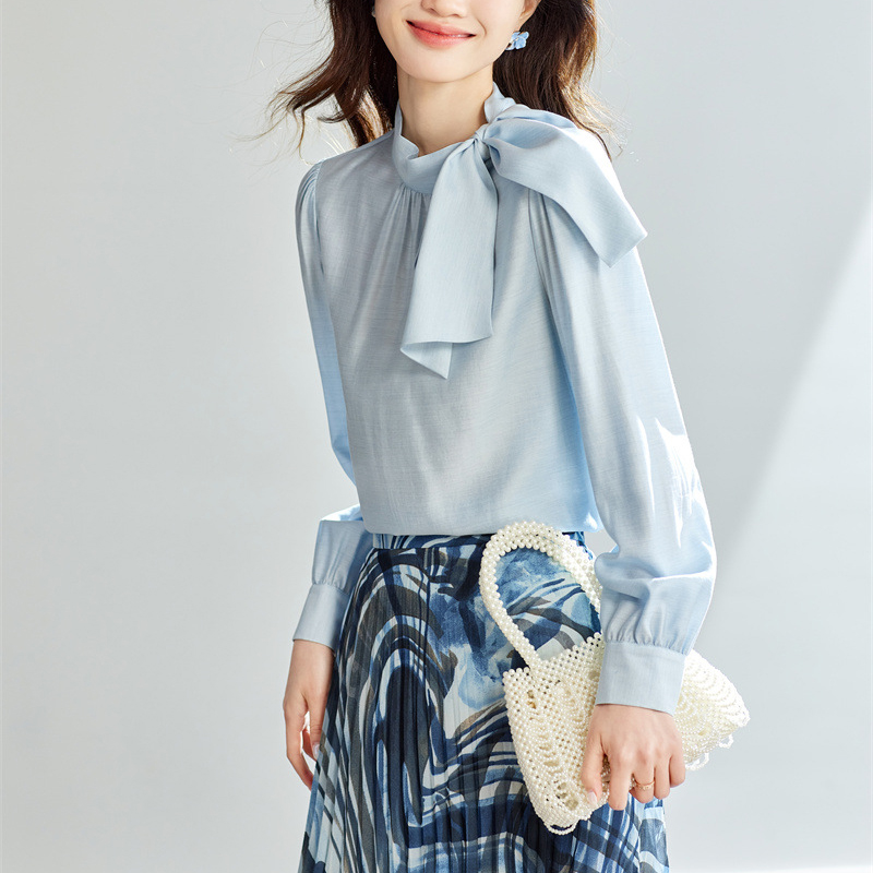春季新款法式設計感蝴蝶結長袖雪紡襯衫