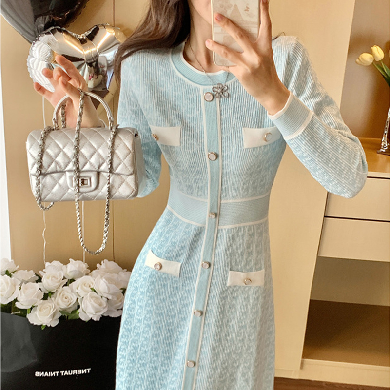 春季新款小香風高腰顯瘦金絲高檔針織連衣裙