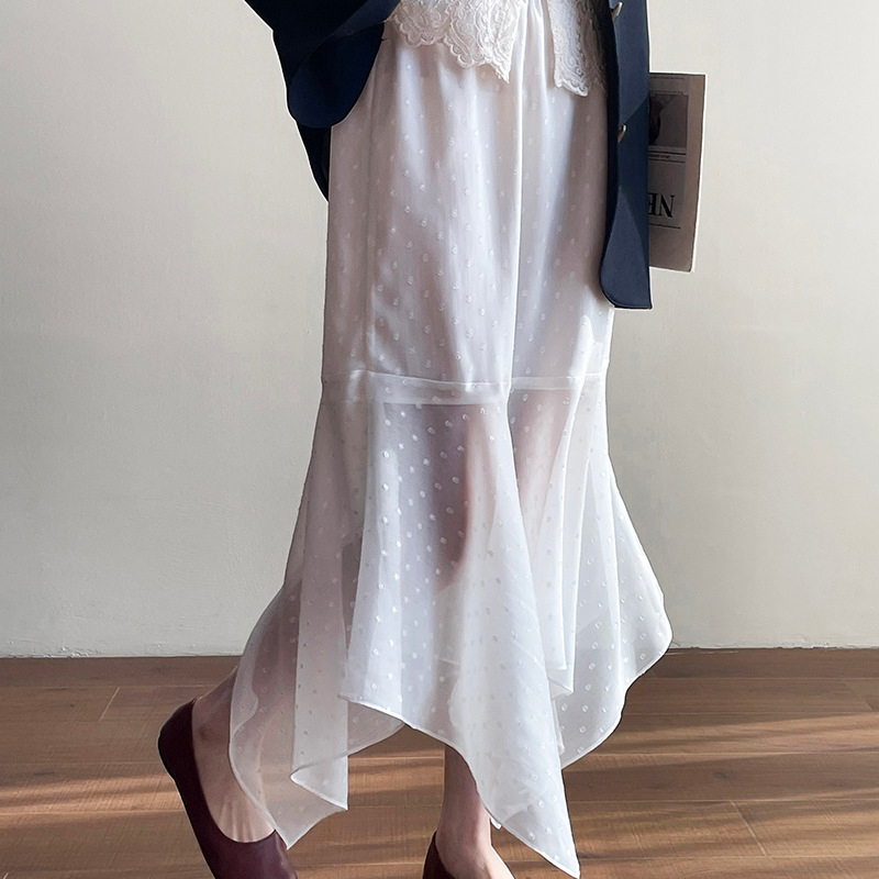 韓系氛圍感白色波點不規則紗裙
