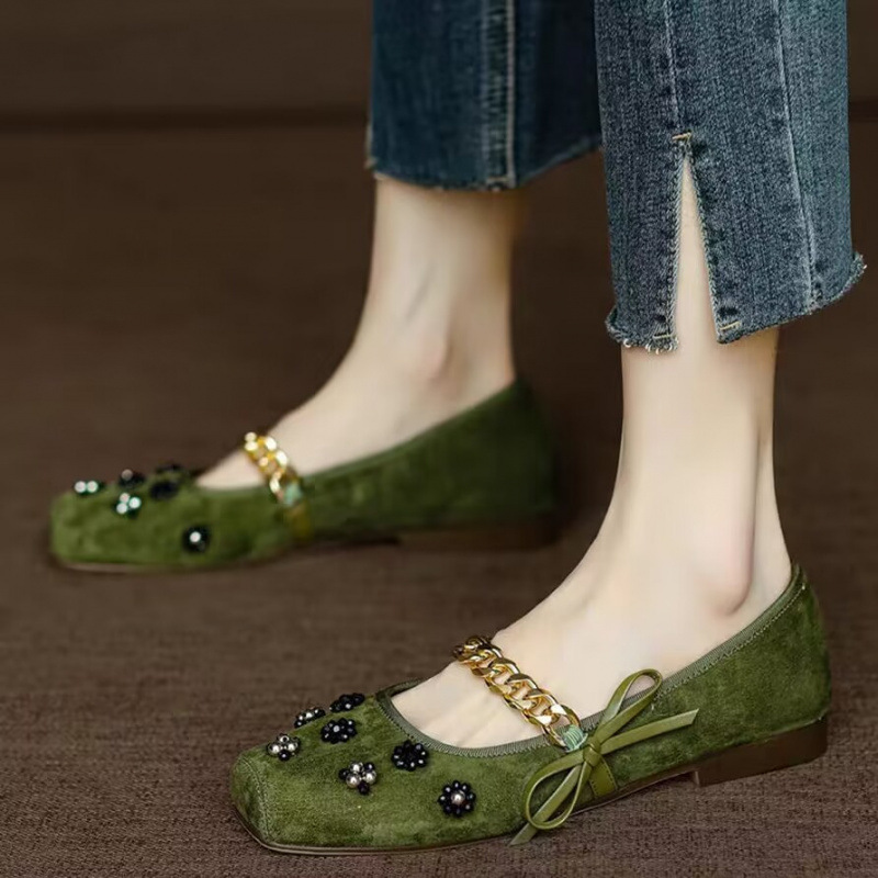 法式珍珠方頭淺口蝴蝶結平底瑪莉珍單鞋