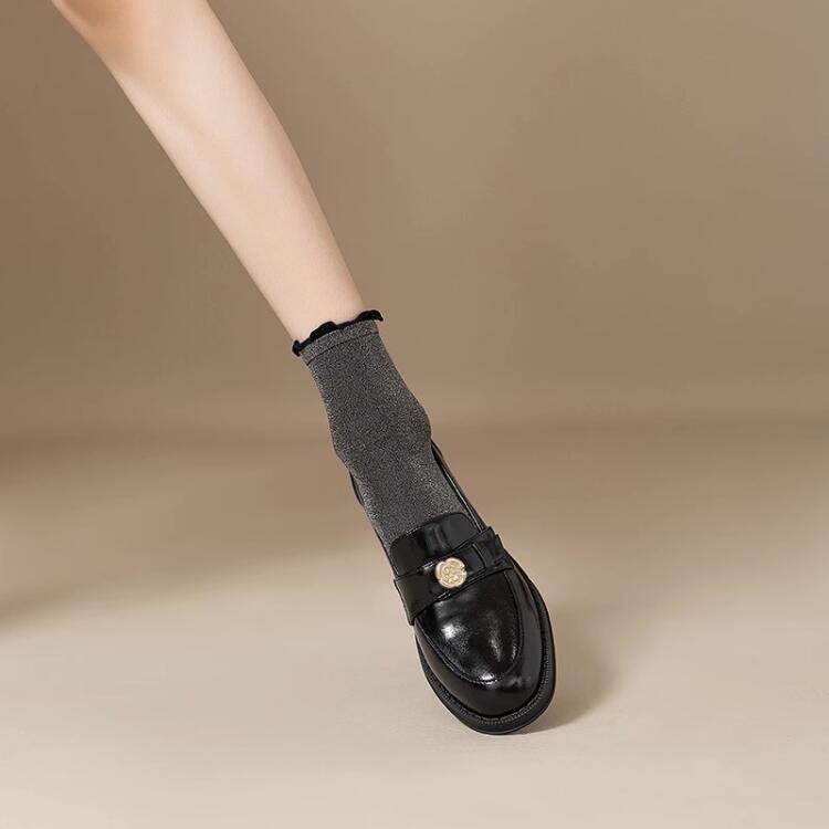 法式復古英倫山茶花軟皮小皮鞋