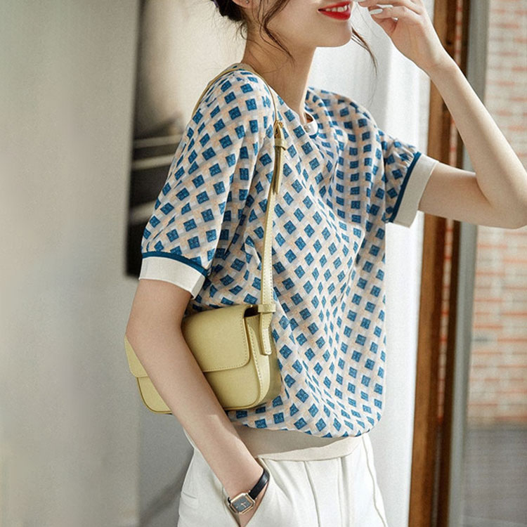 清新復古菱形格紋仿真絲T恤