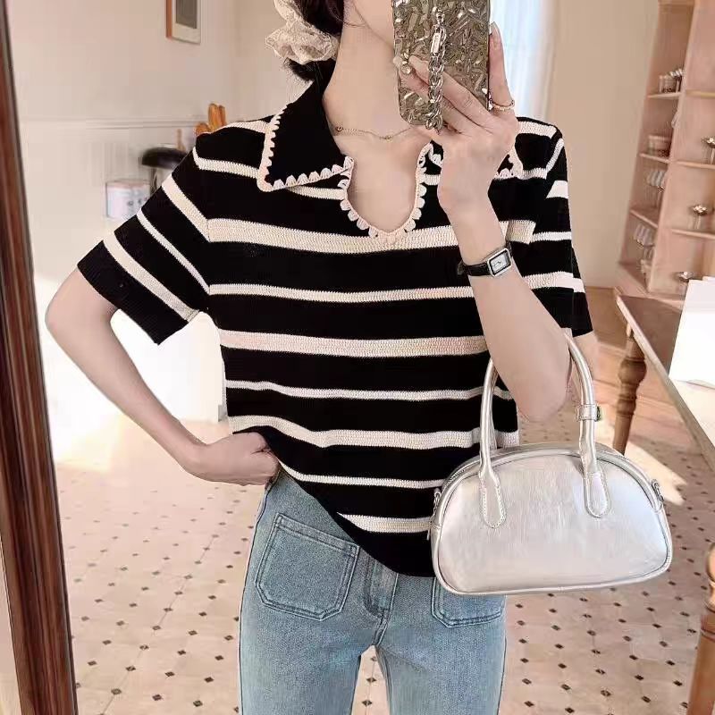 夏季新款翻領短袖條紋百搭肌理感時尚T豂