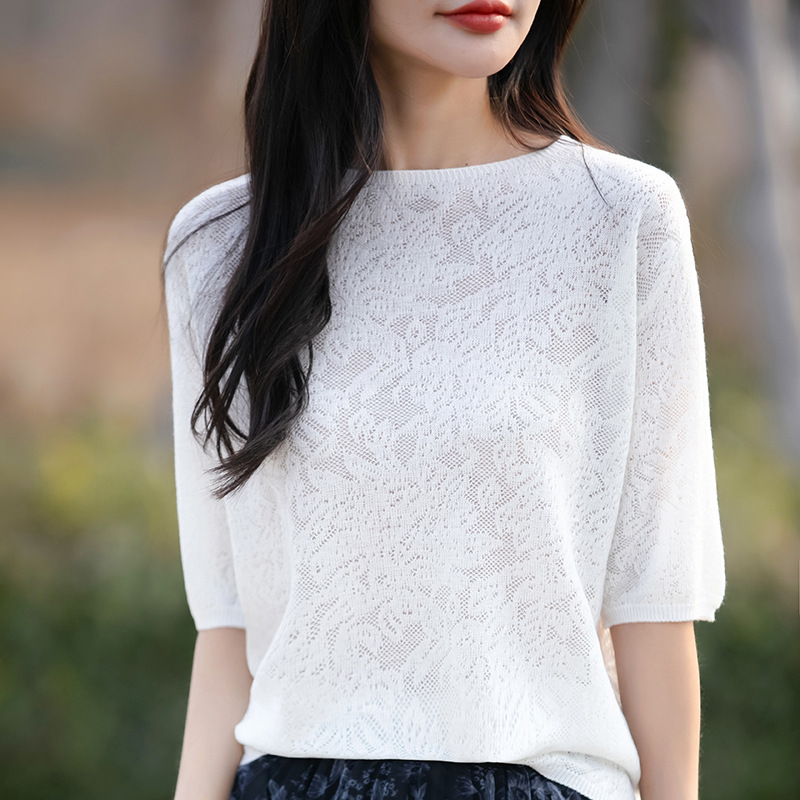 百搭套頭氣質鏤空鈎花打底針織短袖