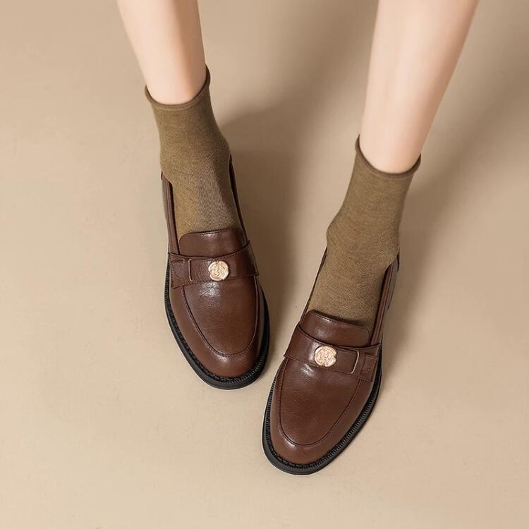 法式復古英倫山茶花軟皮小皮鞋