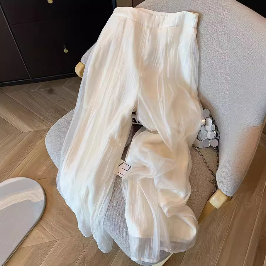 高級感復古杏色網紗休閒闊腿褲