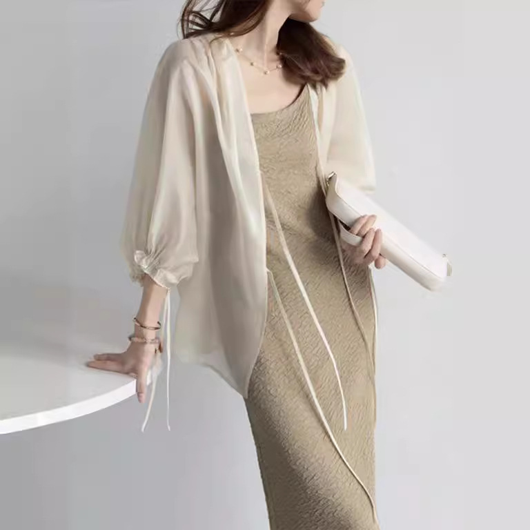 天絲輕薄繫帶開襟衫防曬外套百搭雪紡燈籠袖襯衣