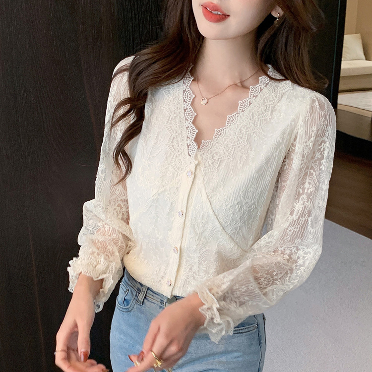 韓系通勤氣質風時尚長袖V領蕾絲襯衫