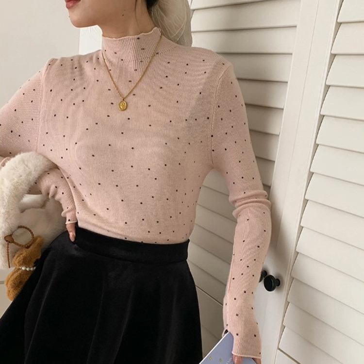 韓系氛圍感木耳邊半高領波點打底針織衫